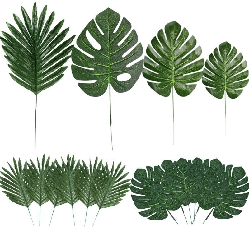 Photo 1 of 60 Pieces 4 Kinds Artificial Palm Leaves with Faux Stems Tropical Plant Leaves Monstera Leaves Safari Leaves for Hawaiian Luau Party Jungle Beach Table Leave Decorations
