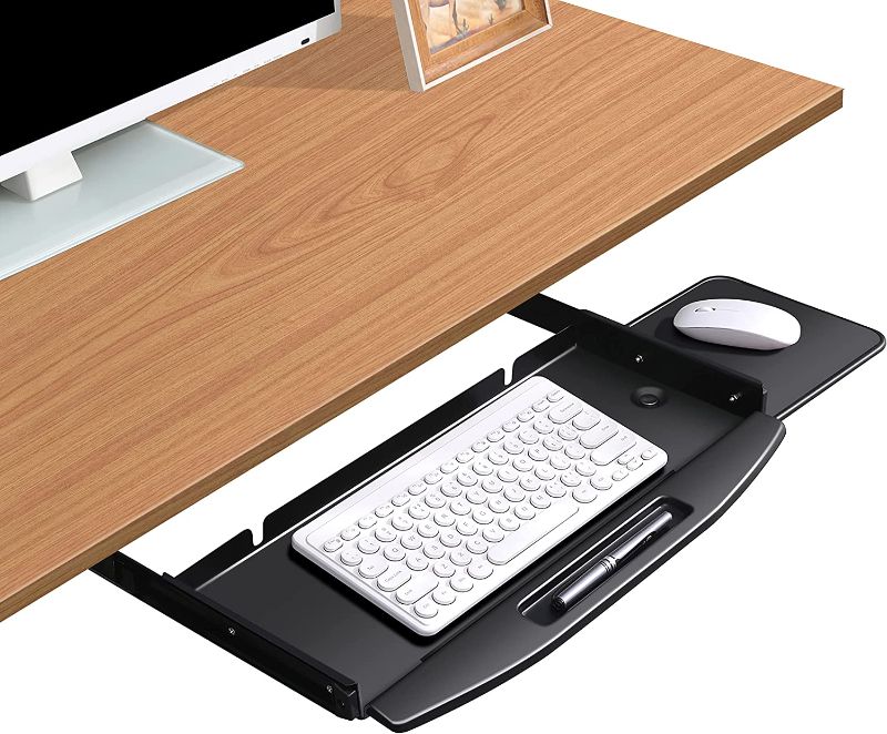 Photo 1 of Ywbtflul Under Desk Keyboard Tray with 360 Rotating Mouse Platform,Sturdy& Easy Gliding,20in Pull Out Keyboard Platform, Ergonomic Computer Silding Keyboard Drawer, Black 20'' x 8'' Black