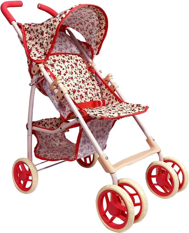 Photo 1 of Baby Doll Stroller for Toddler Girls & Big Kids up to 8 Years Old | 28” Baby Stroller for Dolls, Toy Baby Stroller with Cute Coral Floral Print, Mesh Storage Basket, Canopy, Handle Grips, Rubber Tires
