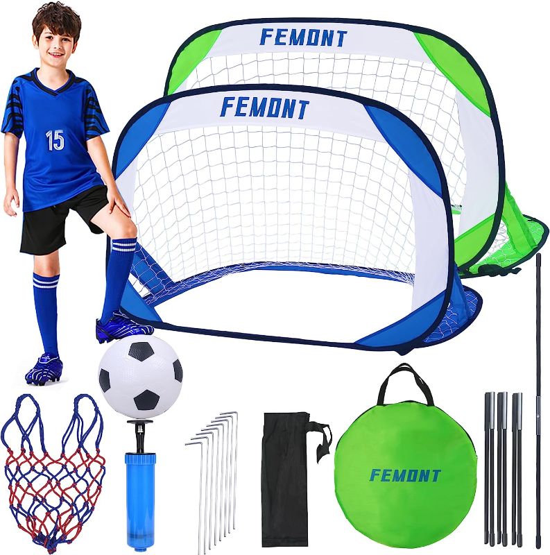 Photo 1 of Femont Soccer Goals Set for Backyard,Portable Pop Up Soccer Nets with Carrying Bag for Indoor Outdoor Games Practice Training Great for Kids and Adults
