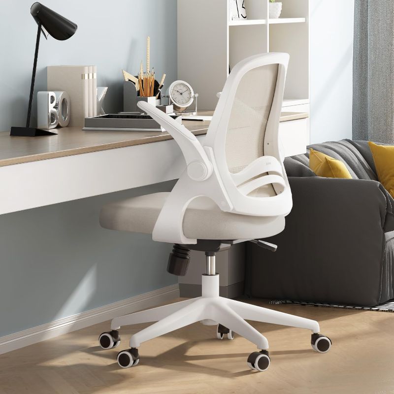 Photo 1 of Hbada Office Chair Desk Chair with Flip Up Arm, Breathable Mesh Ergonomic Office Chair with Adjustable Height & PU Wheels, Swivel Computer Chair Home Office Chair, Beige
