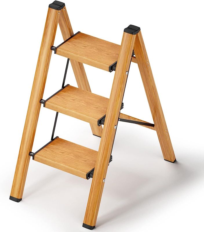 Photo 1 of 3 Step Ladder, Ladnamy Folding Step Stool with Wide Anti-Slip Pedal, Aluminum Lightweight Portable Step Stools for Adults, 330 IBS Capacity Multi-Use Ladder for Home Kitchen Cabinet, Woodengrain
