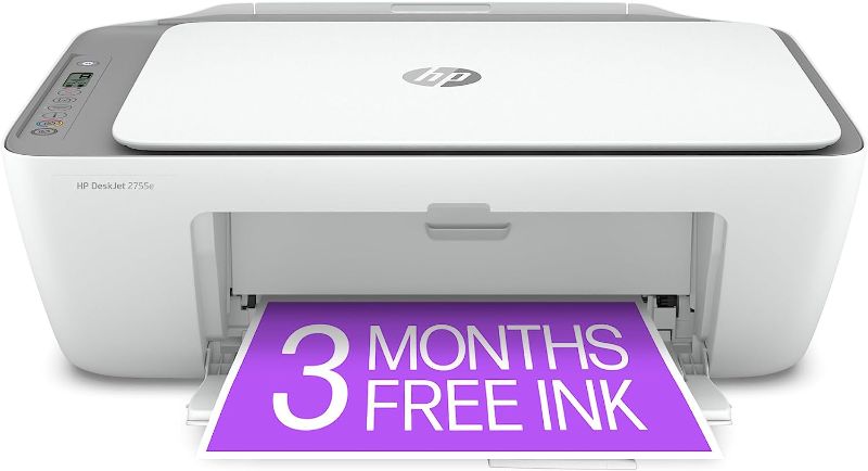 Photo 1 of HP DeskJet 2755e Wireless Color All-in-One Printer with bonus 6 months Instant Ink (26K67A), white

