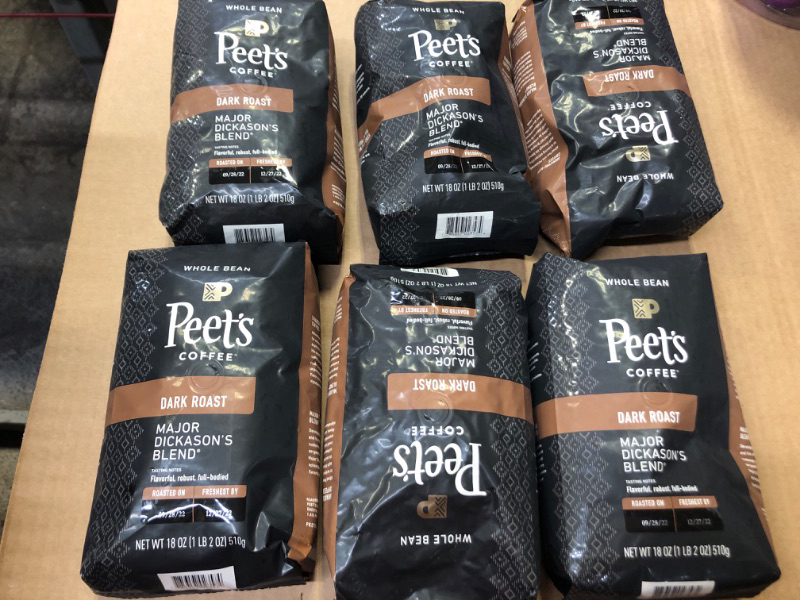 Photo 1 of 6pacl--ex date 12/2022------Peet's Coffee, Dark Roast Whole Bean Coffee - Major Dickason's Blend 18 Ounce Bag Major Dickason's 18 Ounce (Pack of 1)