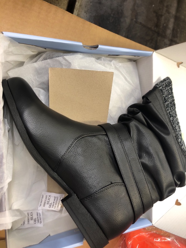 Photo 1 of 11--Womens Mid Calf Winter Slouchy Low Chunky Block Heel Faux Snow Leather Buckle Strap Booties 11 Dark Grey- 