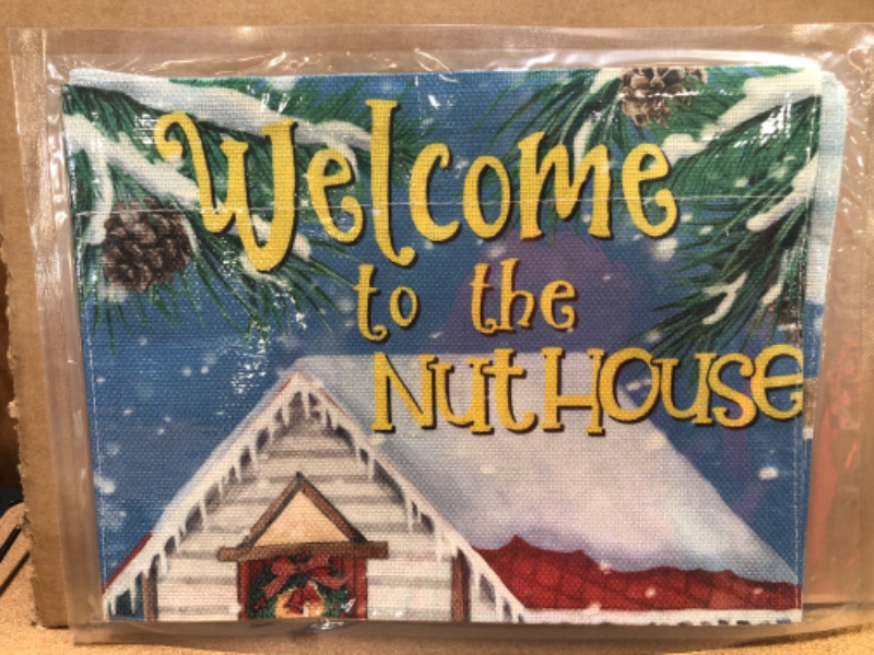 Photo 2 of 1 pc 12x18 in Hzppyz Welcome to the Nuthouse Winter Squirrel Cabin Garden Flag Double Sided, Country Farmhouse Decorative Yard Outdoor Small Decor, Christmas Burlap Home Outside Decoration 12 x 18