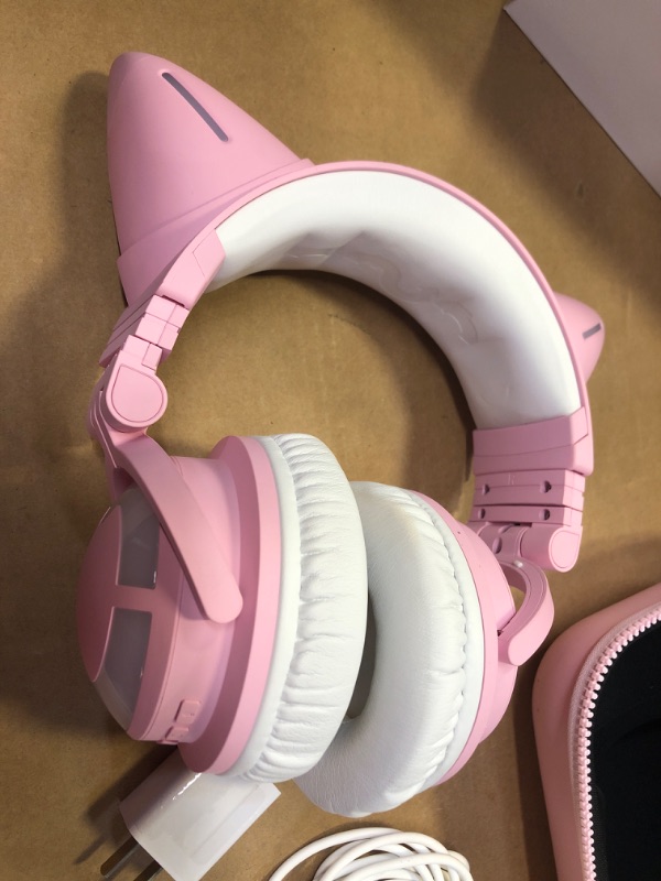 Photo 3 of YOWU RGB Cat Ear Headphone 3G Wireless 5.0 Foldable Gaming Pink Headset with 7.1 Surround Sound, Built-in Mic & Customizable Lighting and Effect via APP, Type-C Charging Audio Cable -Pink