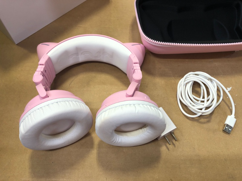 Photo 2 of YOWU RGB Cat Ear Headphone 3G Wireless 5.0 Foldable Gaming Pink Headset with 7.1 Surround Sound, Built-in Mic & Customizable Lighting and Effect via APP, Type-C Charging Audio Cable -Pink