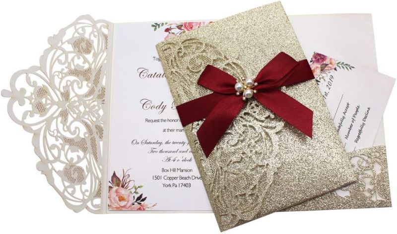 Photo 1 of AdasBridal 20Pcs 250GSM Tri-Fold Glitter Wedding Invitations with RSVP Cards and Envelopes for Wedding Engagement Bridal Shower Birthday Quinceanera Party Invite(Gold Glitter, 7.09 X 4.92inch)  