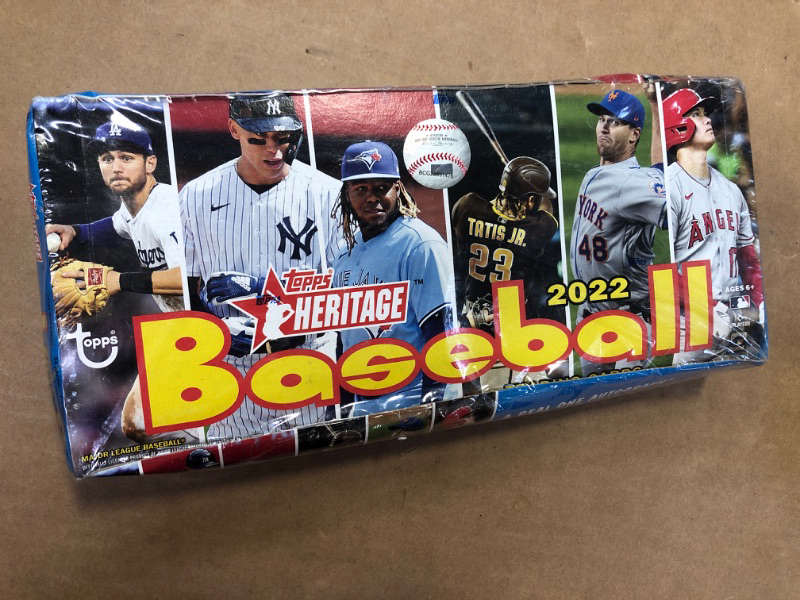 Photo 1 of 2022 Topps Heritage Baseball HUGE Factory Sealed 24 Pack HOBBY Box with AUTOGRAPH or MEMORABLIA Card & EXCLUSIVE BOX LOADER! Look for Real One Autographs, Relics, Parallels, Inserts & More! WOWZZER!--------factory sealed damage package 
