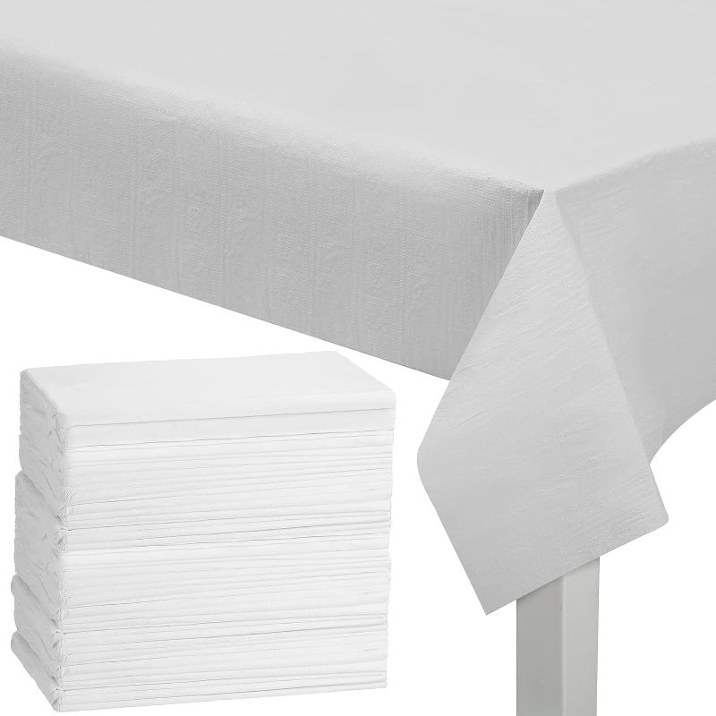 Photo 1 of 20 Pack White Disposable Plastic Tablecloth 3 Ply Paper Plastic Table Cover Waterproof Rectangle Disposable Paper Tablecloth for Party Dining Wedding Indoor Outdoor Decoration Supplies, 54 x 108 Inch
