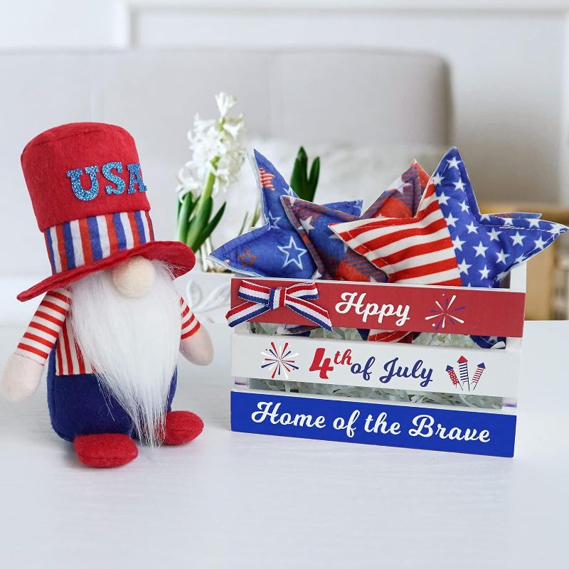 Photo 1 of 4th of July Decorations, Patriotic Gnomes Plush, Mini Crate 4th of July Farmhouse Tiered Tray Decor, Cotton Stars, Stars and Stips, Memorial Day Decor, Summer Decorations for Home

