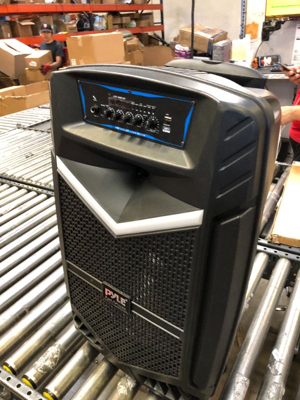 Photo 2 of Pyle Portable Bluetooth PA Speaker System - 600W Rechargeable Outdoor Bluetooth Speaker Portable PA System w/ 10” Subwoofer 1” Tweeter, Recording Function, Mic In Party Lights USB/SD Radio -PPHP1042B