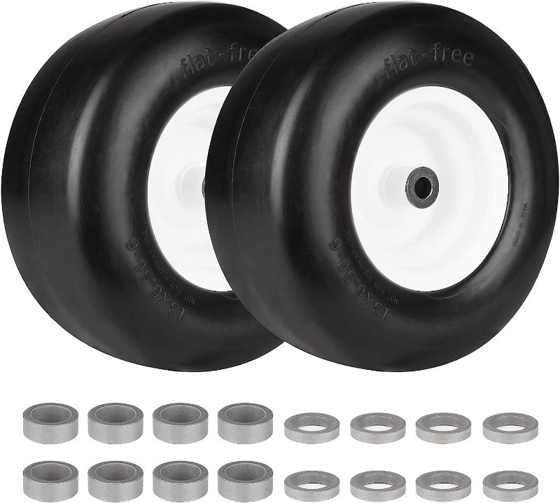 Photo 1 of (Set of 2) 13x6.50-6 Heavy Duty Solid Tubeless Tire w/Steel Rim Fits Deck 38"- 68" Commercial Lawn Mower Garden Tractor- Hub Length 4"-7.1", Bore ?3/4" Grease Oil Infused Bushing, 136506 T161
