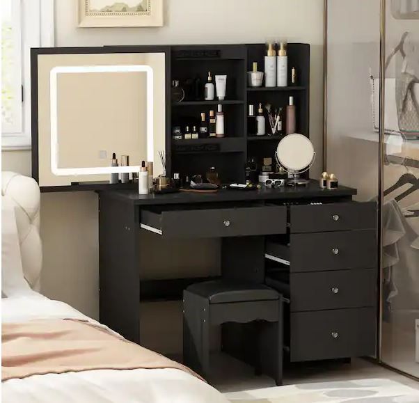 Photo 1 of 5-Drawers Black Wood LED Push-Pull Mirror Makeup Vanity Sets Dressing Table Sets with Stool and 3-Tier Storage Shelves

