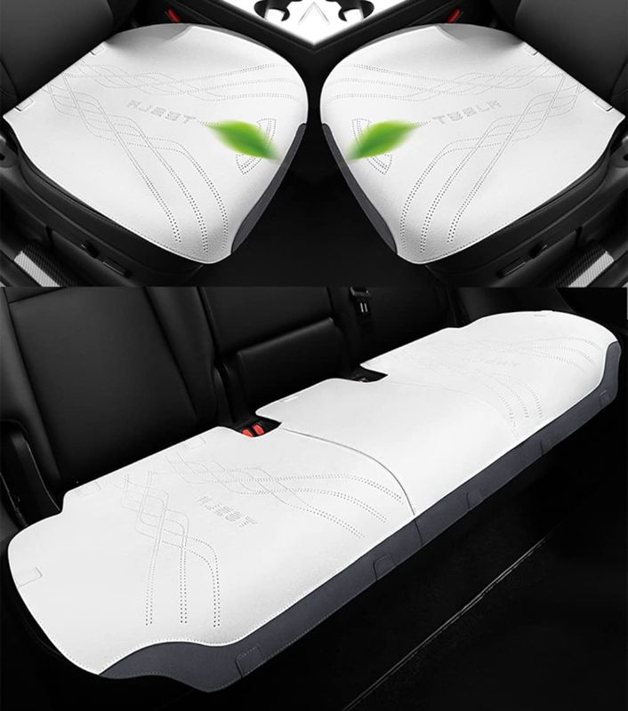 Photo 1 of  Car Seat Covers Bottom for Tesla Model Y Luxury Leather Seat Covers Model Y Front Rear Seat Bottom Cushion Car Seat Mats (White, Model Y) Model Y White