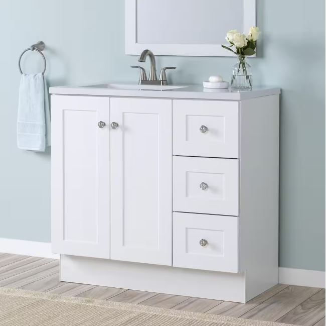 Photo 1 of (Only come with Vanity) Bannister 36.5 in. W x 18.75 in. D x 35.14 in. H Bath Vanity in White with White Cultured Marble Top -- counter top broken due to transit 
