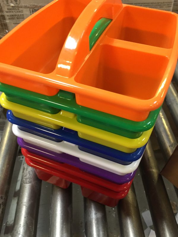 Photo 2 of 8 Pack Classroom Supply Caddies 3 Equal Compartment Caddies, Assorted Colors Plastic Caddy Organizers with Built in Handles and Stackable Design