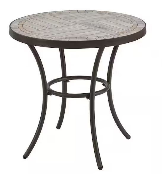 Photo 1 of 27 in. Brown Round Metal Outdoor Side Table with Grouted Porcelain Top