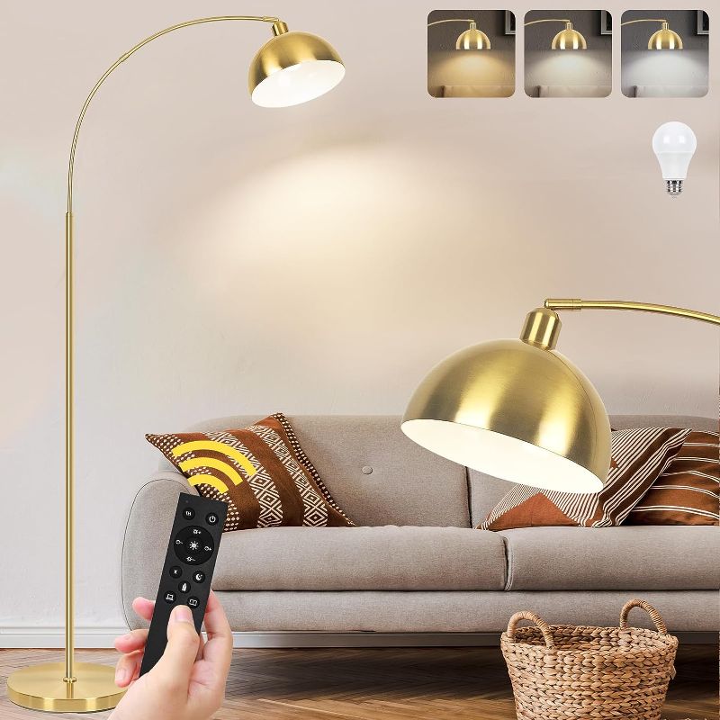 Photo 1 of VenzBlomia ?Upgraded? Arc Floor Lamps for Living Room - Stepless Dimmable Gold Tall Lamp with Remote Control & Color Temperature 9W LED Bulb, Over Couch Arched Reading Standing Lamp for Bedroom Brass
