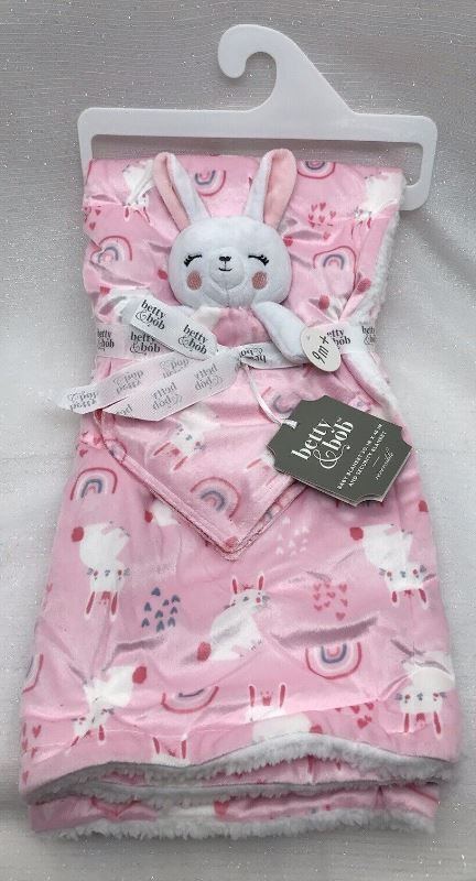 Photo 1 of Betty & Bob Pink 2pc Baby Blanket Bunny Rabbit Plush Toy Set Rainbows Hearts NEW
