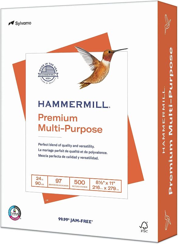Photo 1 of Hammermill Printer Paper, Premium Multipurpose Paper 24 lb, 8.5 x 11 - 1 Ream (500 Sheets) - 97 Bright, Made in the USA, 105810R 1 Ream | 500 Sheets 24 lb