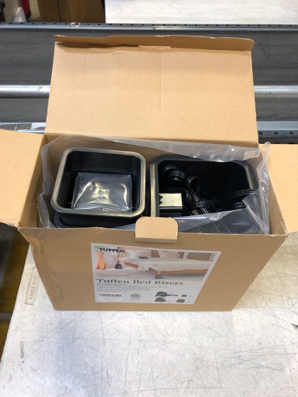 Photo 1 of Tuffen Adjustable Bed Riser with Power Outlet and USB Ports, Elevation in Heights 3, 5 or 8 Inch Furniture Riser Lifts with Metal Sheet, Heavy Duty 1500 lbs Capacity for Dorm Bed Table Sofa (Set of 4)