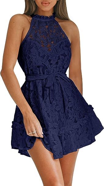 Photo 1 of EXLURA Women's Ruffle Strappy Lace Mini Dress Square Neck Empire Waist Sundresses Vintage Elegant Wedding Guest Dress
