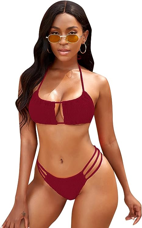 Photo 1 of NAFLEAP Women's Bikini Swimsuits Set Bandeau Orange Bikini Top Brazilian String Halter Smocked Keyhole Bathing Suit. Large
