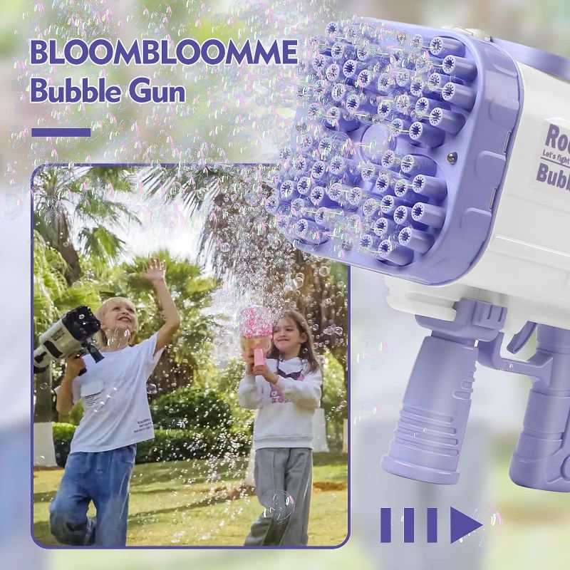 Photo 1 of Bloombloomme Bubble Guns, 64 Holes Giant Bubble Machine Gun with Colorful Lights, Electric Bubble Shooter Maker for Adults Kids Outdoor Indoor Birthday Wedding Party Toy Gift (Purple)
