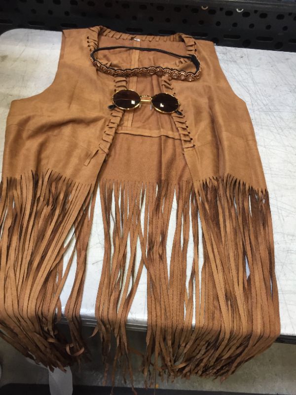 Photo 1 of 60s 70s Women Hippie Costume Set Fringe Vest with Faux Tassels Sunflower Hairband Peace Necklace Glasses- SIZE S 