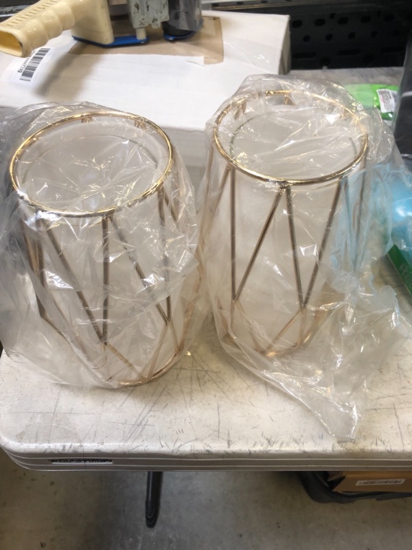 Photo 2 of 2Pcs Gold Pillar Hurricane Candle Holders, Clear Glass Candleholders with Geometric Metal Rack Stand, Decorative Cylinder Vases for Dining Table Centerpieces, 8.5"