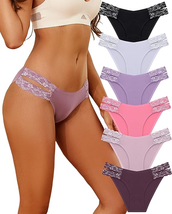 Photo 1 of FINETOO Seamless Underwear for Women Cheeky Bikini Panties High Cut V-waist Lace Underwear Women Cute Bikinis 6 Pack
