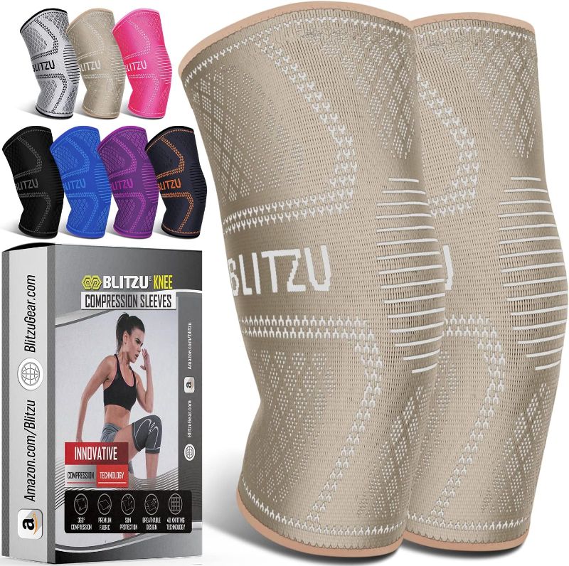 Photo 1 of BLITZU 2 Pack Knee Brace, Compression Knee Sleeves for Men, Women, Running, Working out, Weight Lifting, Sports. Knee Braces Support for Knee Pain Meniscus Tear, ACL, Arthritis Pain Relief. Beige L

