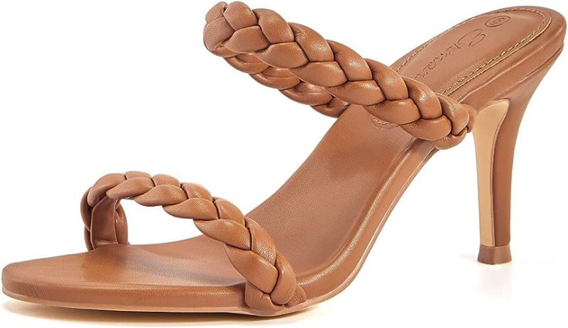 Photo 1 of Ermonn Womens Open Toe Braided Heeled Sandals Two Strap Stiletto High Heels Slide Mules Shoes
