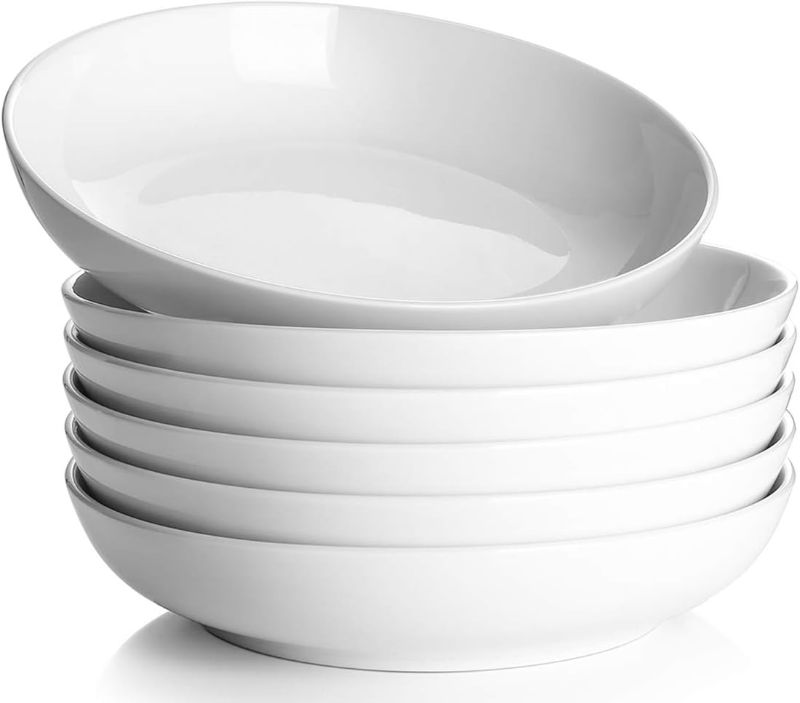 Photo 1 of Y YHY Pasta Bowls, 30oz Salad Bowls White Soup Bowls Large Pasta Serving Bowl Porcelain Pasta Plates Wide and Shallow Bowls Set of 6 Microwave Dishwasher Safe
