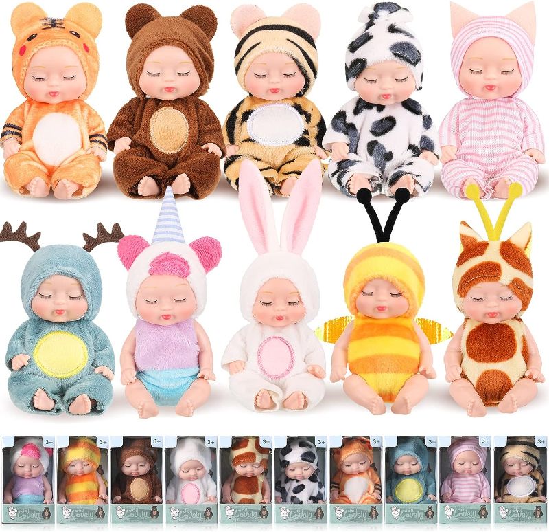 Photo 1 of Hanaive 10 Pcs 4 Inch Mini Reborn Cute Baby Dolls Lifelike Realistic Baby Dolls Tiny Babies with Animal Clothes Cute Baby Doll Gifts Set for Girls Boys Toddlers Kids 3+ Back to School (Lovely Style)
