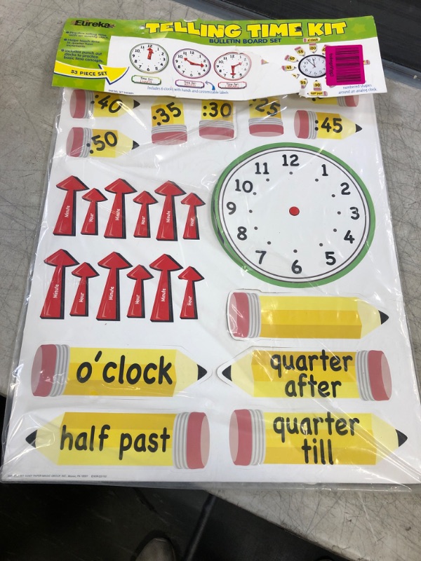 Photo 2 of Eureka 'Telling Time' Bulletin Board Analog Clock Practice, 4pc, 17'' W x 24'' L, Model Number: 847423-AWZM