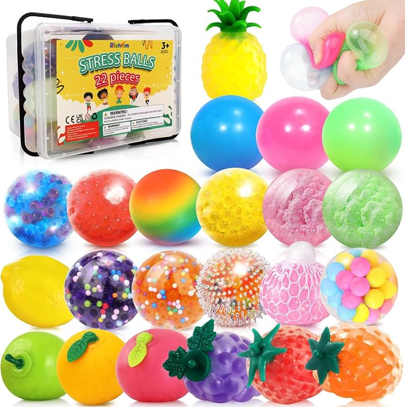 Photo 1 of 22 Pack Sensory Stress Balls Set Fidget Toys | Squishy Fruit Ball Stress Relief | Squeeze Ball for Adults Kids | Dough Water Beads Gifts Bulk for Autism, ADHD, Autism
