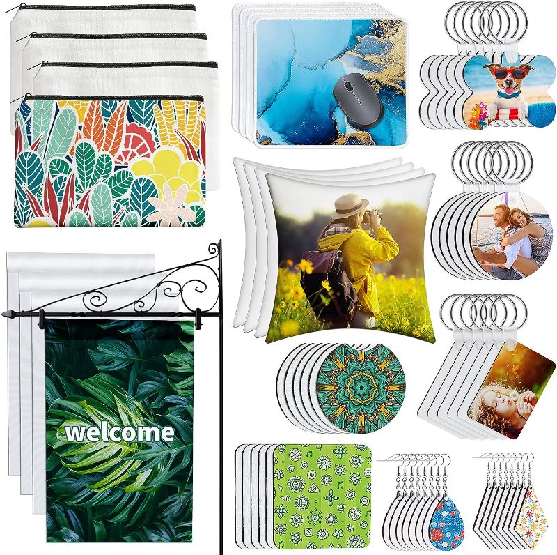 Photo 1 of 114Pcs Sublimation Blanks Products, Sublimation Blanks Set Including DIY Blank Makeup Bag, Keychain, Earring, Pillow Cover, Mouse Pad, Coaster, Garden Flag for Sublimation Transfer Heat Transfer Craft
