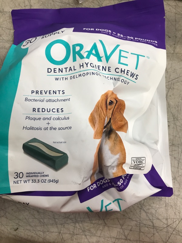 Photo 2 of ORAVET Dental Chews for Dogs, Oral Care and Hygiene Chews (Medium Dogs, 25-50 lbs.) Purple Pouch, 30 Count 30 Count (Pack of 1)