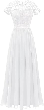Photo 1 of Dressystar Women Long Formal Dress Floral Lace Short Sleeve Bridesmaid Elegant Wedding Party Gown - White - Sz XL