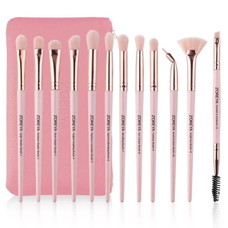 Photo 1 of ZOREYA Eye Makeup Brushes, 12 Pcs Professional Eye Brush Set Eyeshadow, Eyebrow, Blending, Fan, Eyelash Brushes Set With Carrying Bag (Pink)