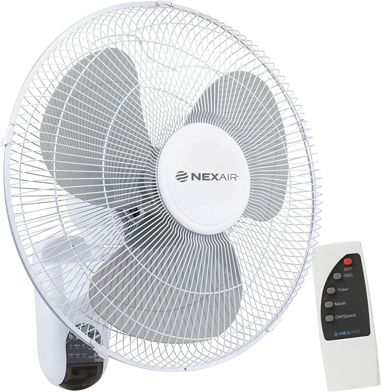 Photo 1 of 16" Oscillating Wall Mount Fan, Quiet, Remote Ctrl, 3 Speed, 7.5 Hr Auto Off
