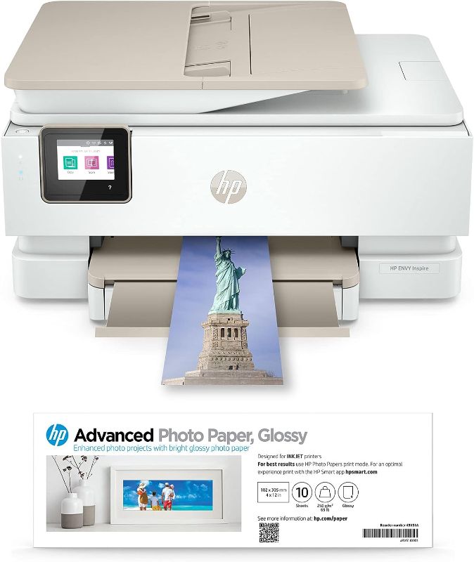 Photo 1 of HP Envy Inspire 7955e Wireless Color All-in-One Printer with Bonus 6 Months Instant Ink with HP+ (1W2Y8A) and Advance Photo Paper,-Glossy, 4x12 in, 10 Sheets (49V51A)
