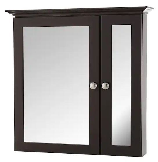 Photo 1 of 24-3/4 in. W x 24-5/8 in. H Fog Free Framed Surface-Mount Bi-View Bathroom Medicine Cabinet in Java with Mirror
