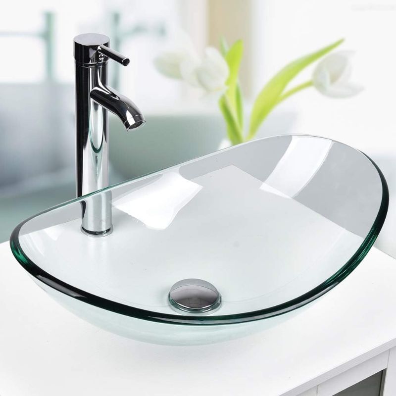 Photo 1 of YOURLITE Modern Tempered Glass Sink Bathroom Vanity Vessel Sink and Faucet Combo Boat Style Utility Sink Above Counter
