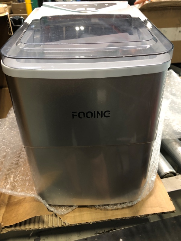 Photo 1 of FOOING Ice Maker Countertop, Self-Cleaning Function, 26lbs 24Hrs, 9 Cubes Ready in 7mins with LED Display for Parties Mixed, Portable Ice Cube Maker with Ice Scoop and Basket (Silver)
