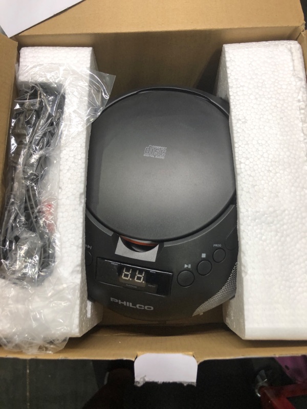 Photo 1 of Philco Portable CD Player Boombox with Speakers and AM FM Radio | Black Boom Box CD Player Compatible with CD-R/CD-RW and Audio CD | 3.5mm Aux Input | Stereo Sound | LED Display | AC/Battery Powered