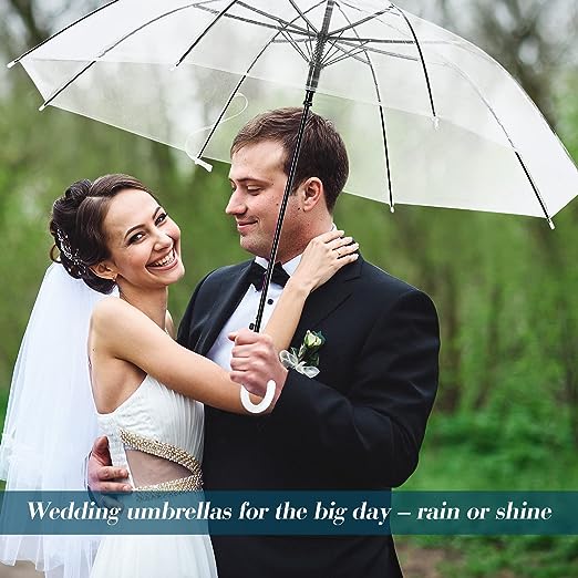 Photo 1 of Auto Open Windproof Clear Umbrella Transparent Stick Umbrella with J Hook Handle Large Clear Bubble Umbrella Bulk for Outdoor Bride Groom Ceremony Adults Kids Rain